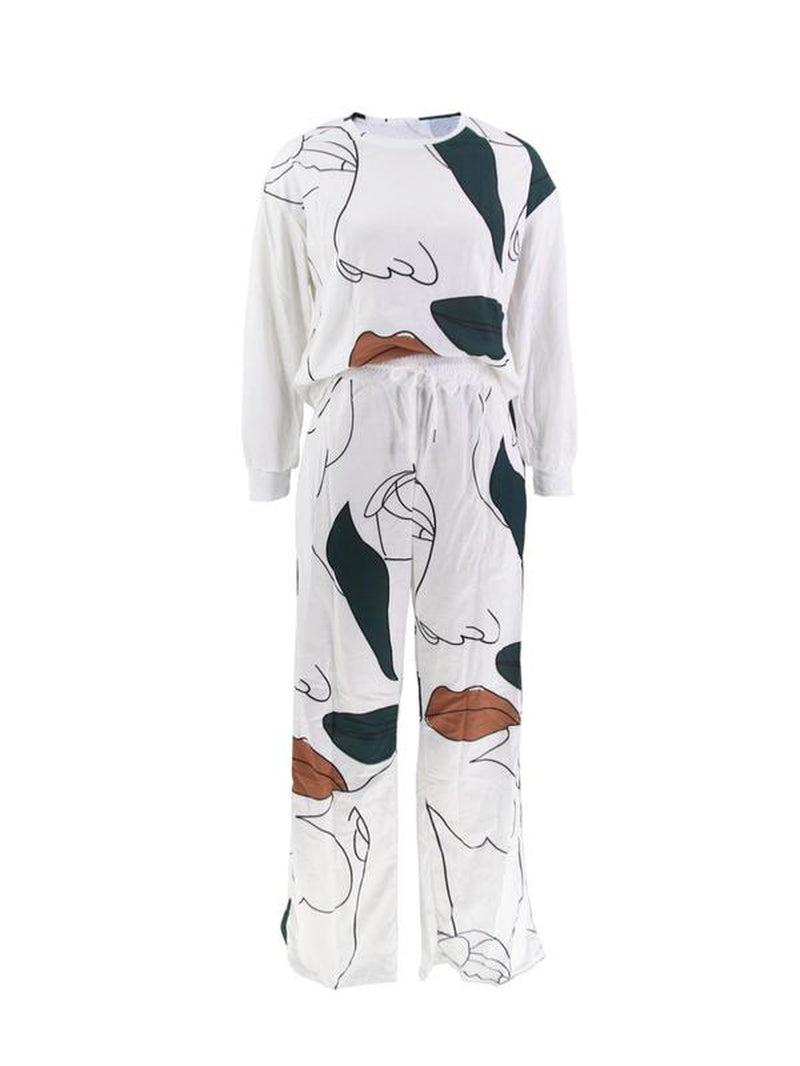 Chic Two-Piece Women's Figure Print Co-Ord Set - Casual Pullover Top & Drawstring Pocket Pants for Spring & Fall